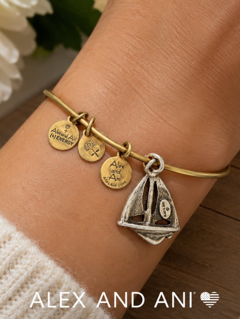 Alex and Ani Sailboat Charm Expandable Bangle Bracelet Gold Tone Nautical